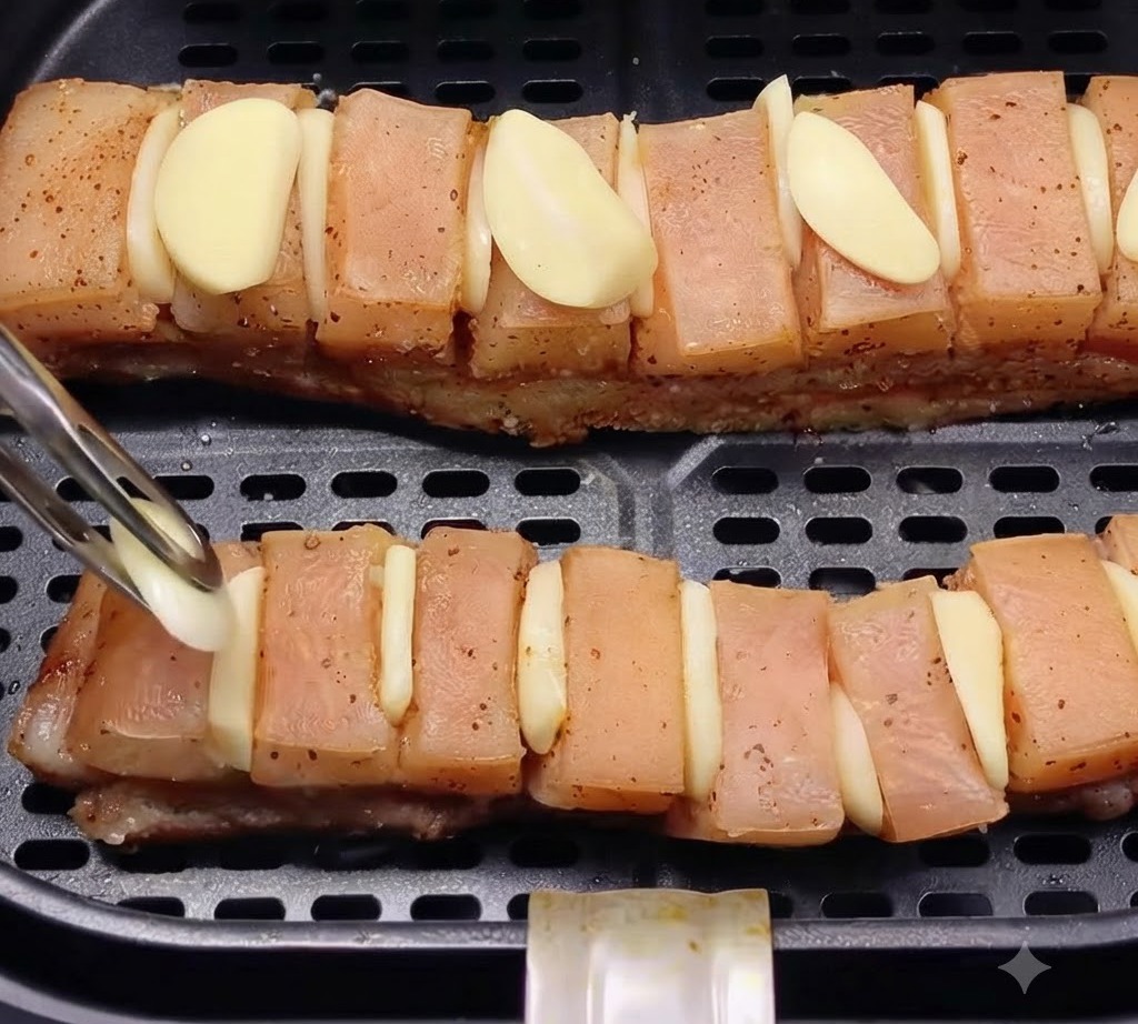Pinzas colocando rodajas de ajo fresco directamente sobre las tiras de panceta de cerdo dentro de la cesta de una freidora de aire.
