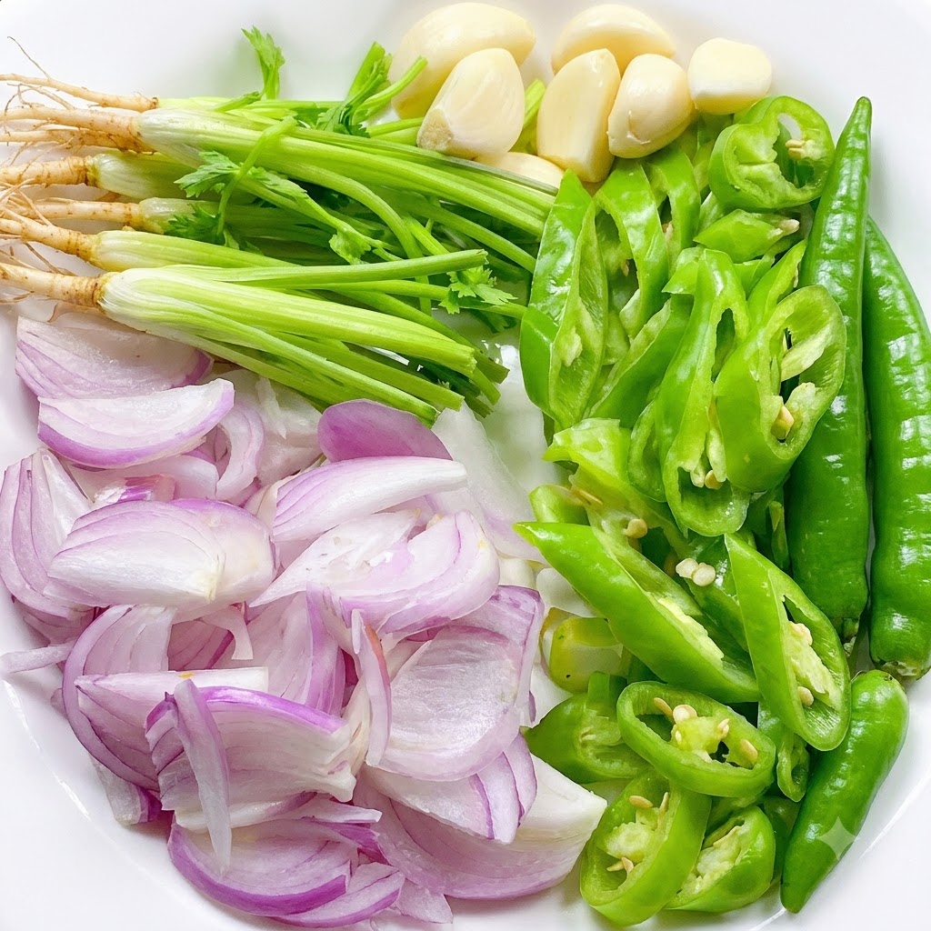 Raíces de cilantro frescas, chiles verdes en rodajas, chalotas en rodajas y dientes de ajo enteros dispuestos ordenadamente en un plato blanco.