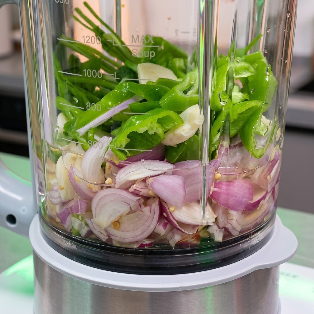 Los ingredientes para la salsa al estilo tailandés reposando dentro del recipiente del procesador de alimentos antes de licuar.