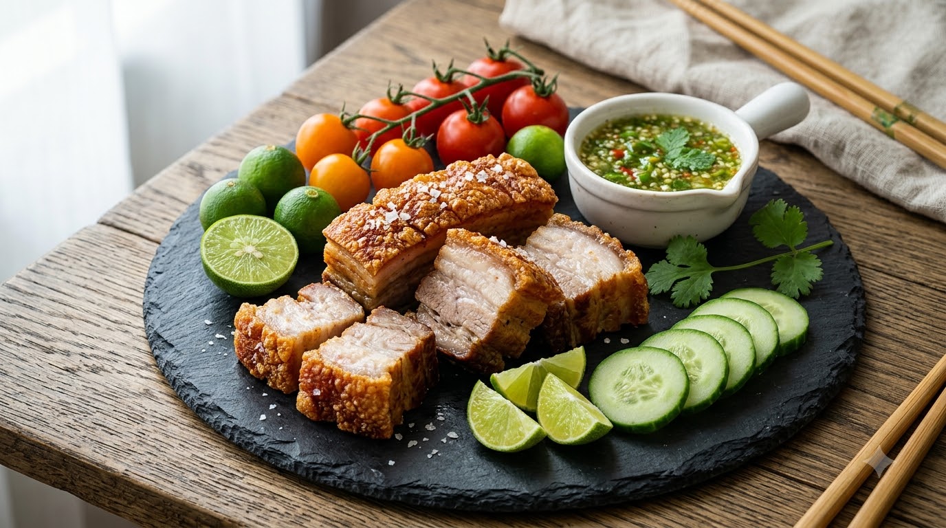 Panceta de Cerdo Crujiente al Estilo Tailandés con Salsa de Chile Verde