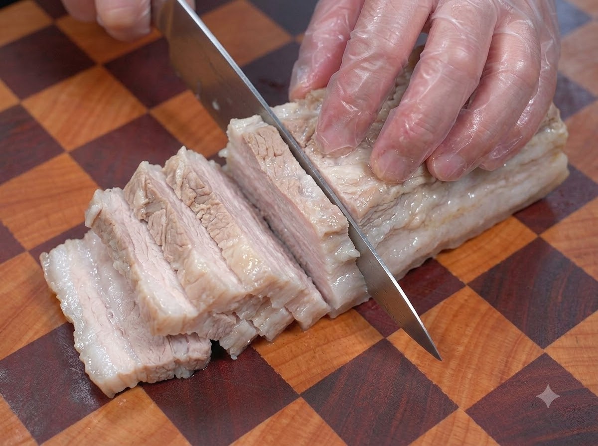 Un cuchillo haciendo cortes paralelos en la superficie de un trozo de panceta de cerdo hervida sobre una tabla de cortar de madera.