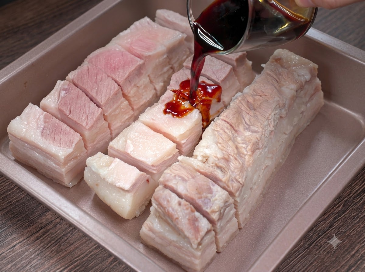 Salsa oscura siendo vertida desde un recipiente de vidrio sobre tiras de panceta de cerdo marcadas dentro de una bandeja.