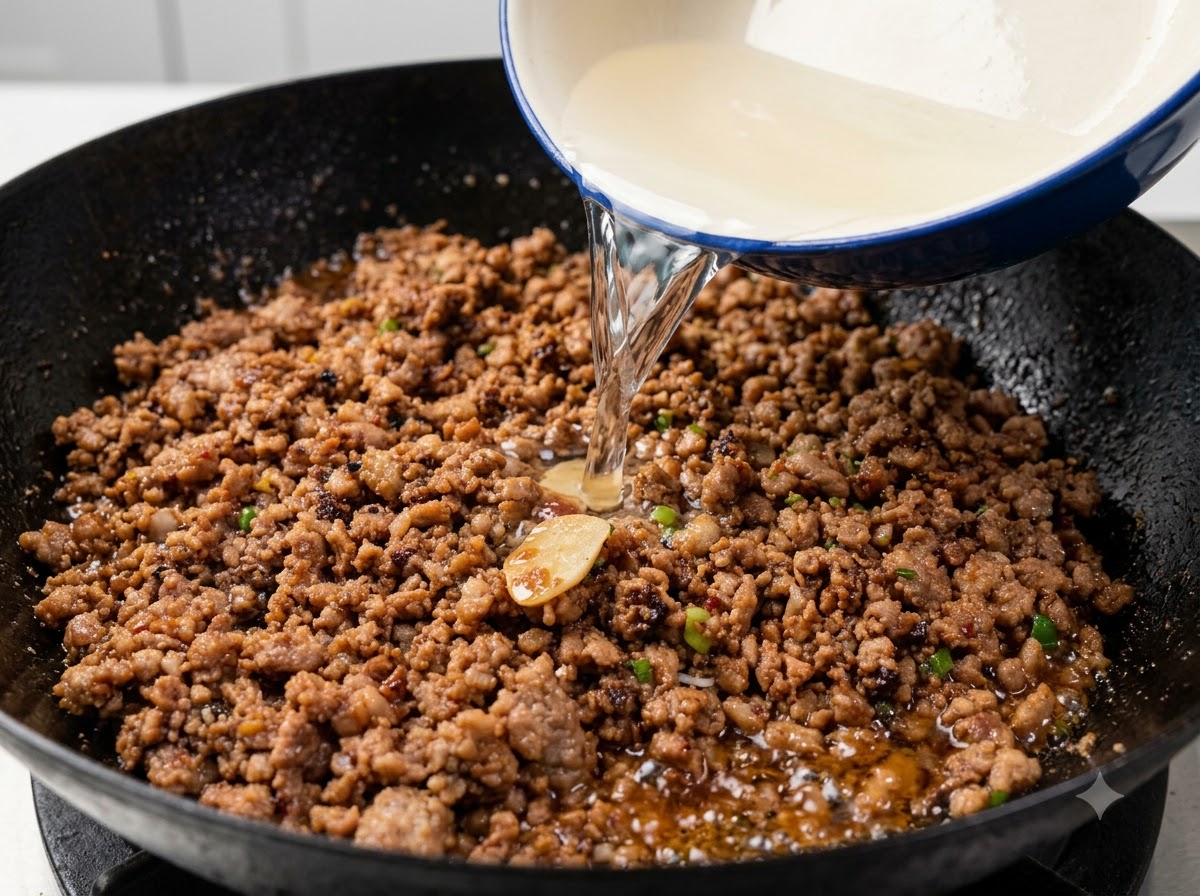 Agua limpia siendo vertida desde un cuenco blanco a un wok lleno de carne picada cocida y sazonada.