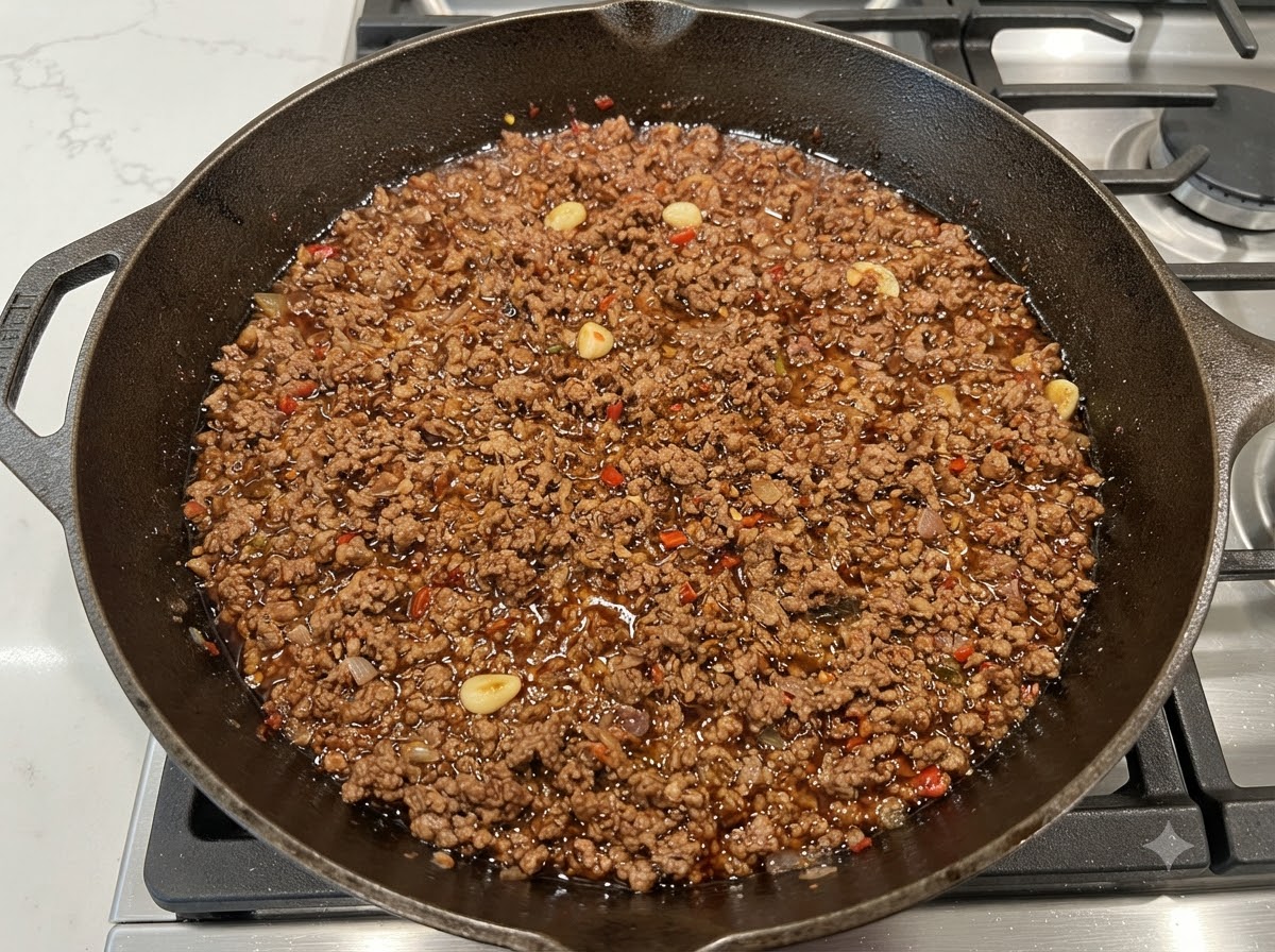 Revolviendo la rica salsa de carne marrón con un cucharón de metal en una sartén de hierro fundido.