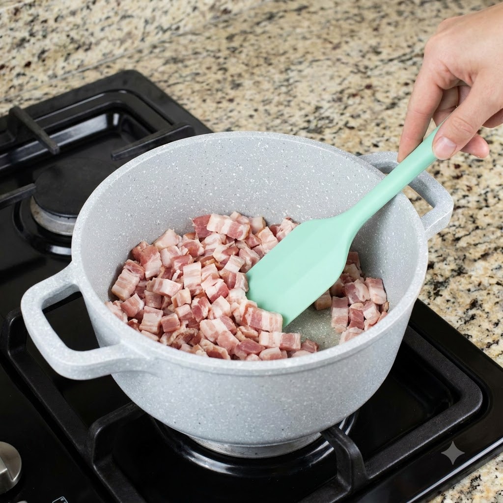 Cubos de cerdo graso friéndose y derritiendo grasa en una olla blanca sobre una hornalla de gas.