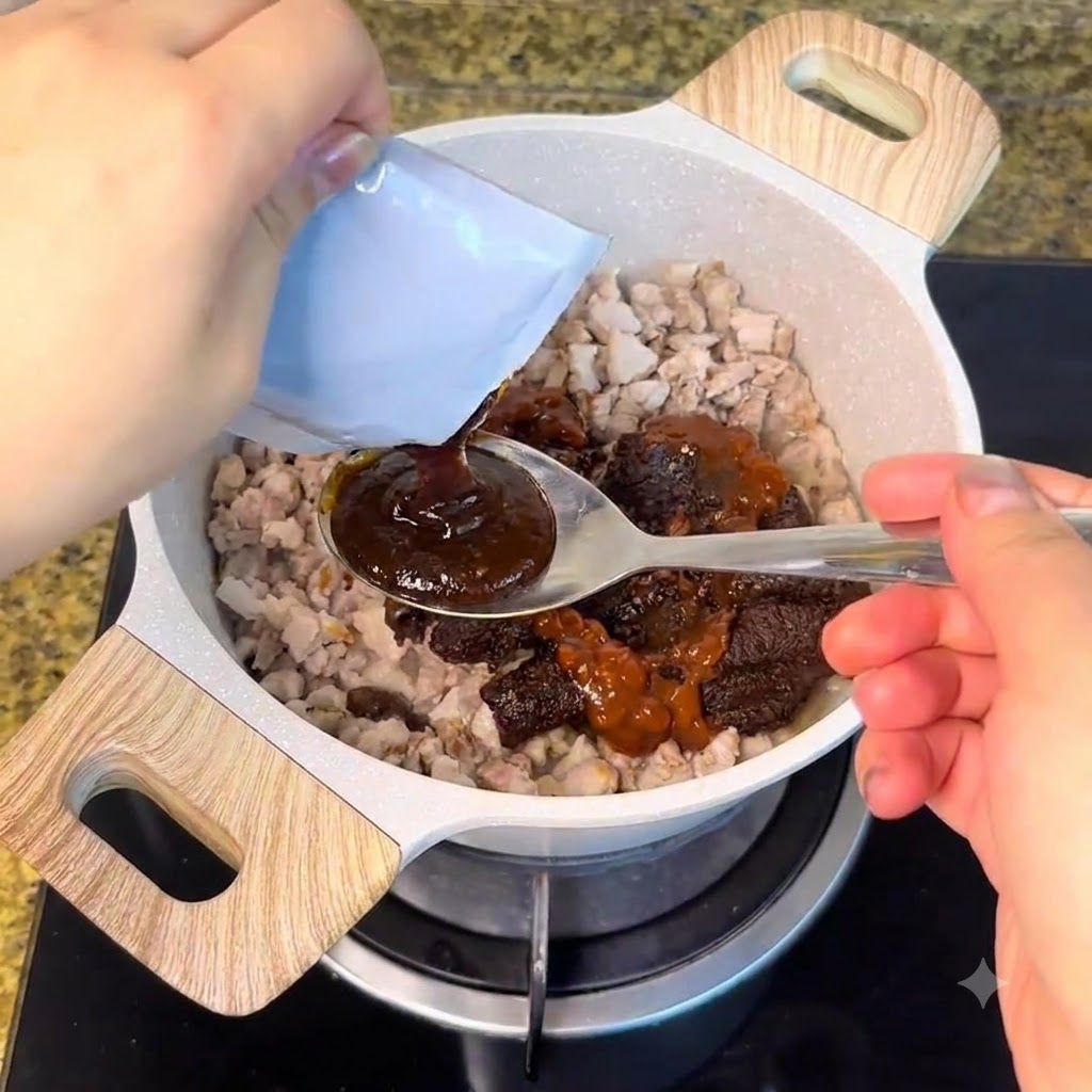 Salsa y condimentos añadidos desde paquetes y una cuchara a la carne cocida en la olla.