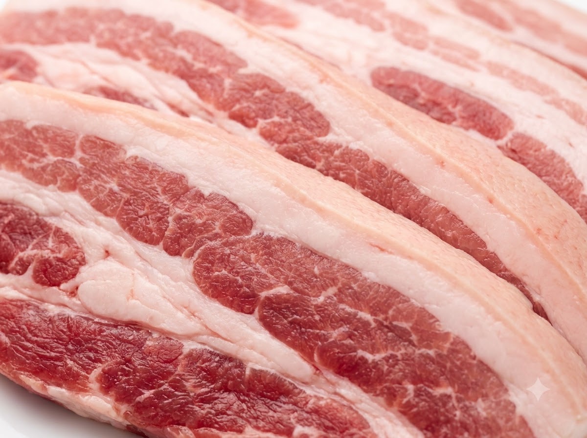 Tiras de panceta de cerdo crudas y frescas en una bandeja de metal siendo perforadas múltiples veces con un tenedor de metal.