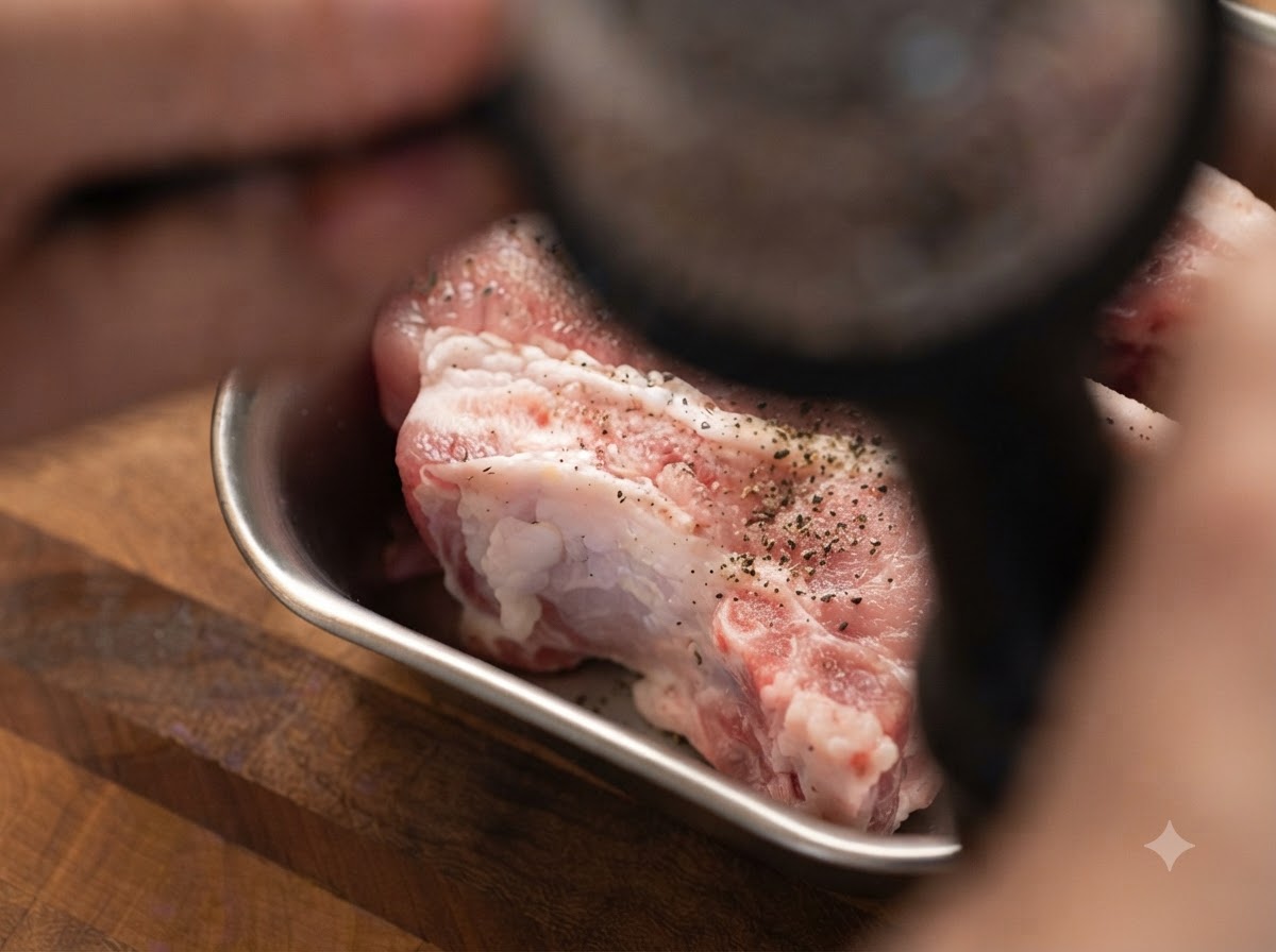 Moliendo pimienta negra sobre tiras de panceta de cerdo crudas dispuestas ordenadamente en una bandeja de metal.