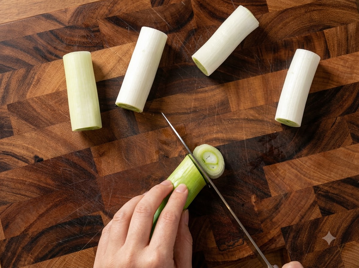 Un cuchillo de cocina cortando un tallo grueso de cebolla verde en trozos cilíndricos sobre una tabla de picar de madera.