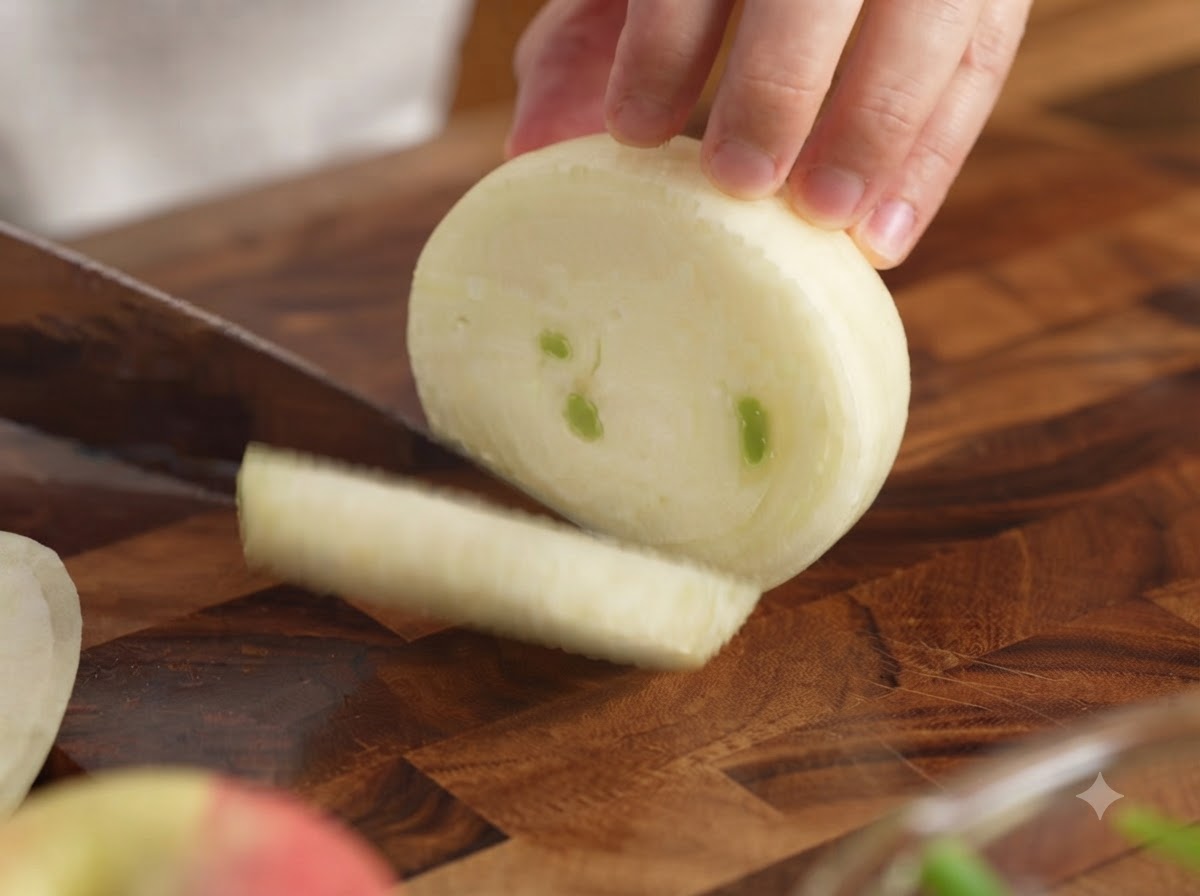 Un cuchillo de chef cortando una cebolla blanca entera en rodajas gruesas y uniformes sobre una tabla de madera.