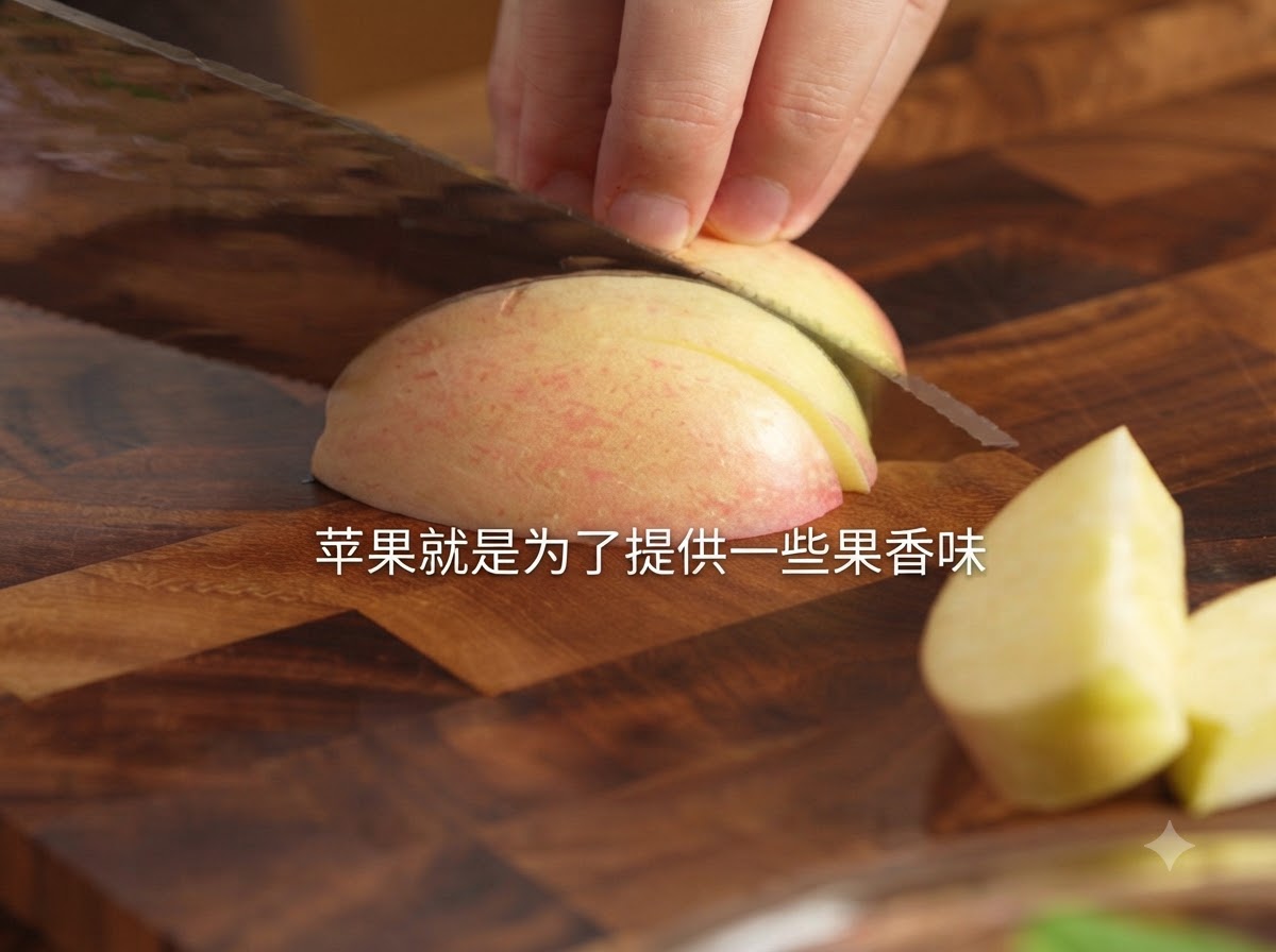 Un cuchillo cortando una manzana fresca en gajos limpios sobre una tabla de picar de madera con texto descriptivo superpuesto.