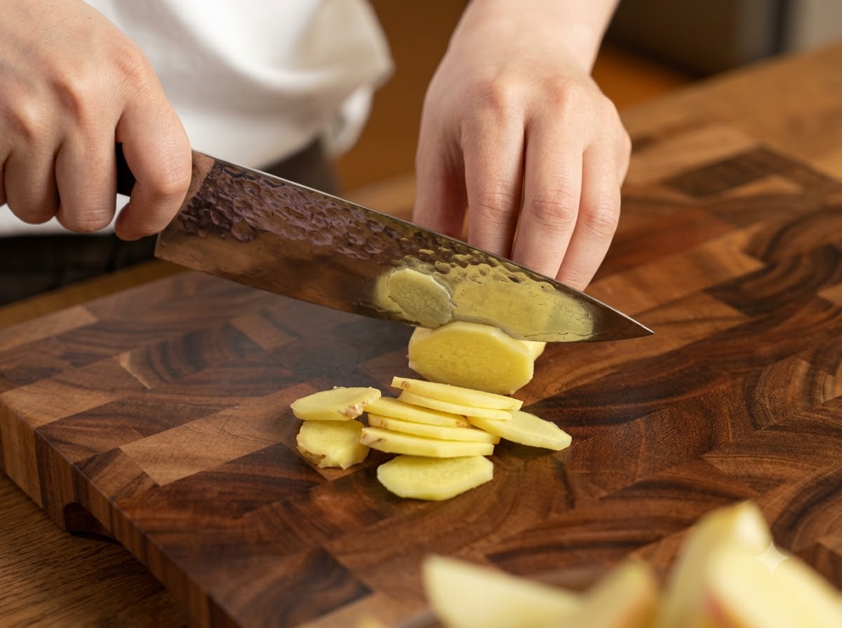 Una mano sosteniendo un cuchillo para cortar raíz de jengibre fresca en rodajas finas sobre una tabla de picar de madera.