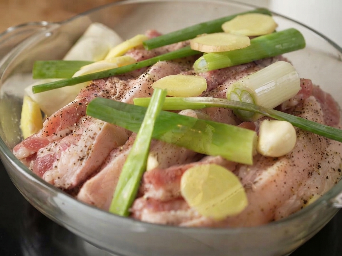 Primer plano de tiras de panceta de cerdo crudas cubiertas con secciones de cebolla verde, rodajas de jengibre y dientes de ajo pelados.
