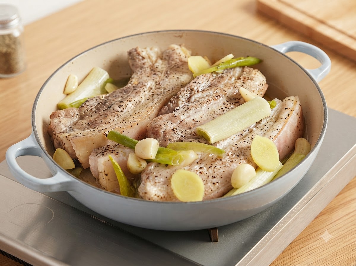 Pinzas volteando rodajas de panceta de cerdo parcialmente cocidas dentro de una olla llena de jugos vegetales hirviendo.