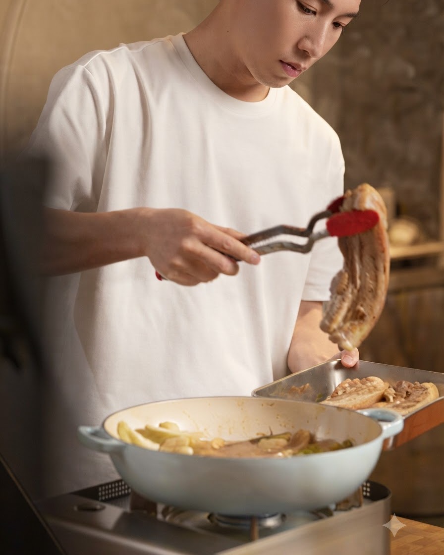 Una persona usando pinzas para retirar trozos de vegetales cocidos de la olla hacia una bandeja lateral.