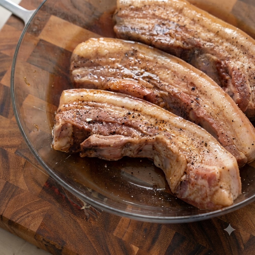 Tiras de panceta de cerdo sazonadas con pimienta negra descansando en un tazón de vidrio transparente.