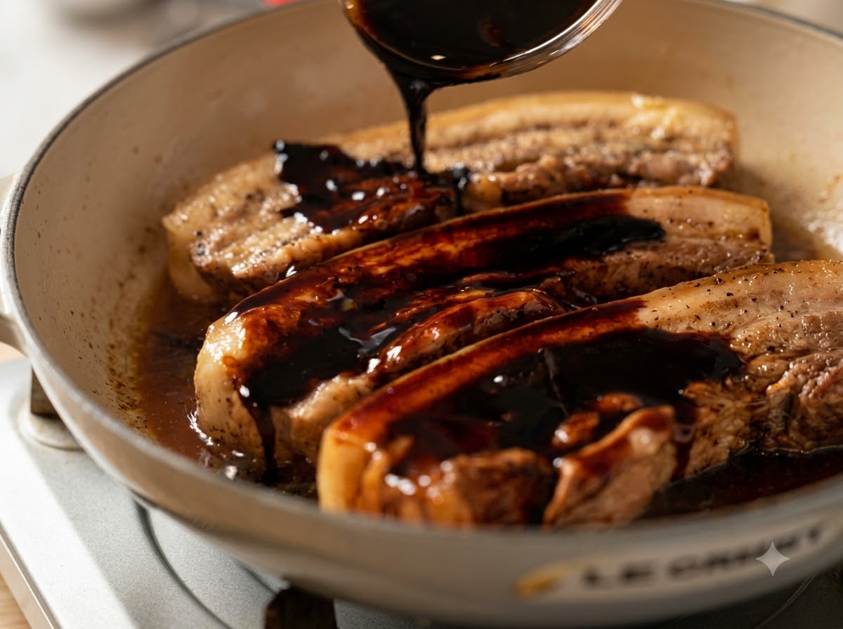 Salsa oscura siendo vertida desde una cuchara sobre tiras de panceta de cerdo cocinándose en una olla.