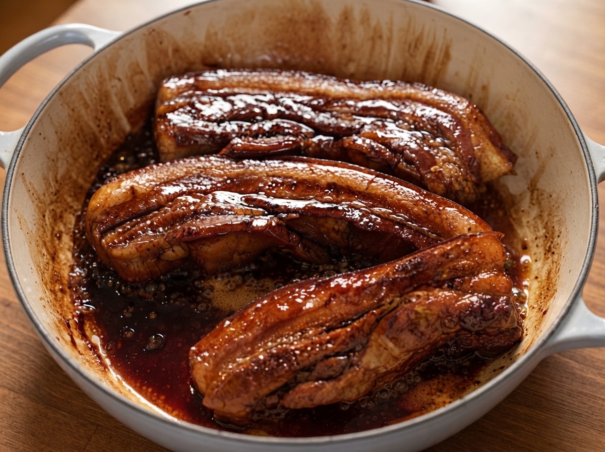 Tiras de panceta de cerdo siendo volteadas en un glaseado oscuro que se reduce dentro de una olla.