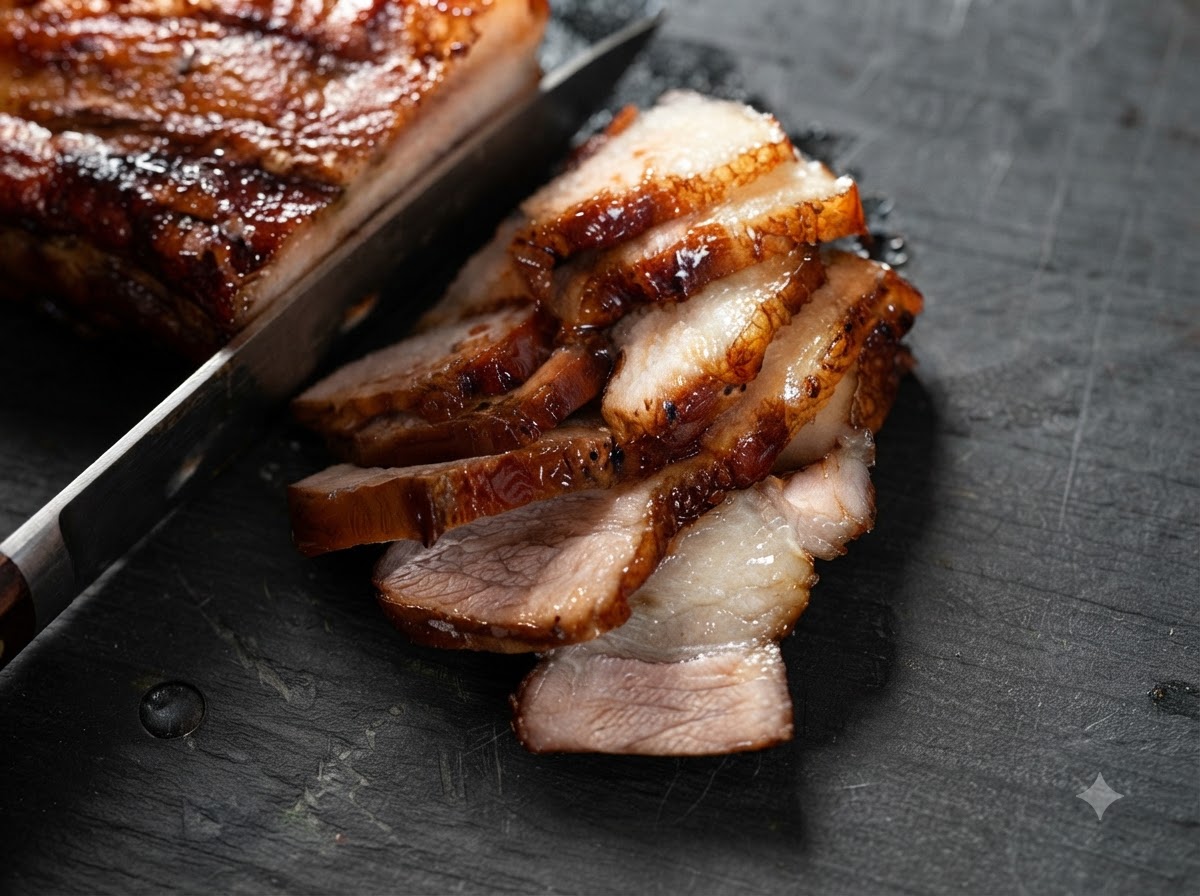 Panceta de cerdo cocida siendo cortada en tiras finas sobre una tabla de cortar con un cuchillo.