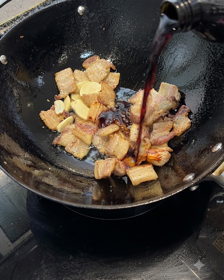 Salsa de soja siendo vertida desde una botella sobre la panza de cerdo y el ajo en un wok.