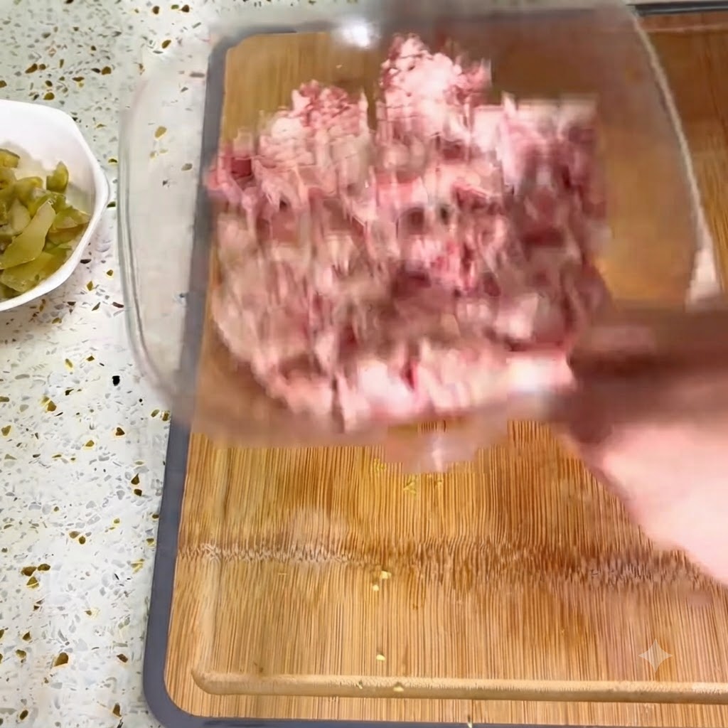 Jengibre finamente picado siendo agregado en un tazón de vidrio transparente lleno de carne molida sobre una tabla de cortar de madera.