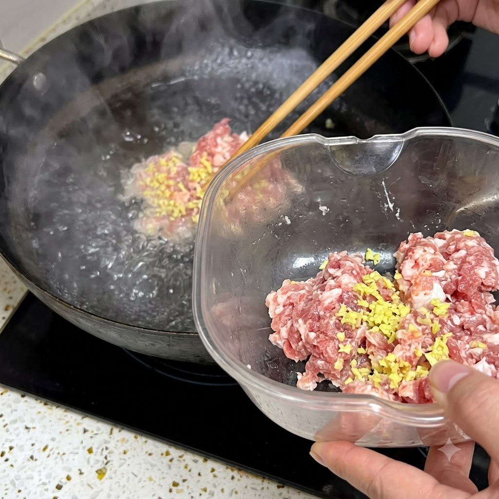 Carne picada con jengibre siendo agregada al agua hirviendo en un wok negro usando palillos de madera.
