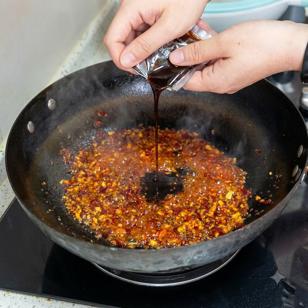 Salsa de frijol dulce siendo vertida desde un paquete en una mezcla chisporroteante de chile y aceite en un wok negro.
