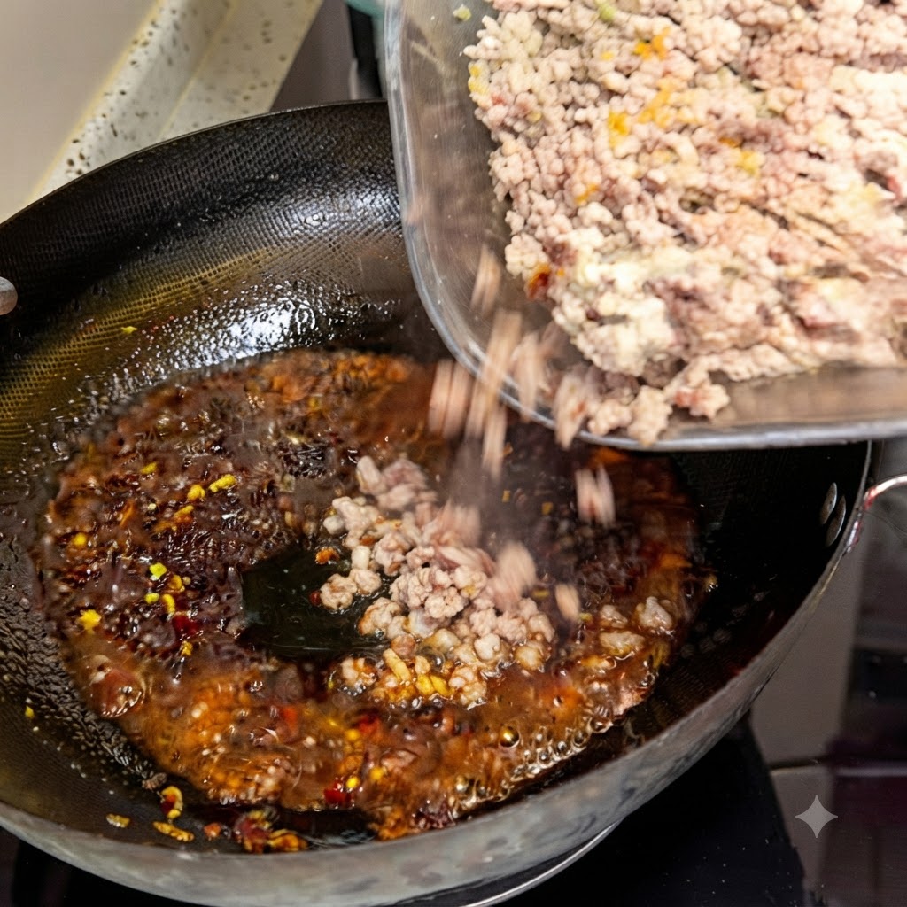 Carne picada blanqueada siendo vertida desde un tazón de vidrio en un wok lleno de aceite sazonado rojo.