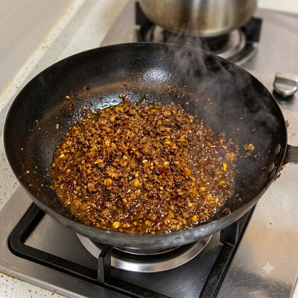 Carne picada salteándose en un wok con vapor visible elevándose desde la superficie caliente.