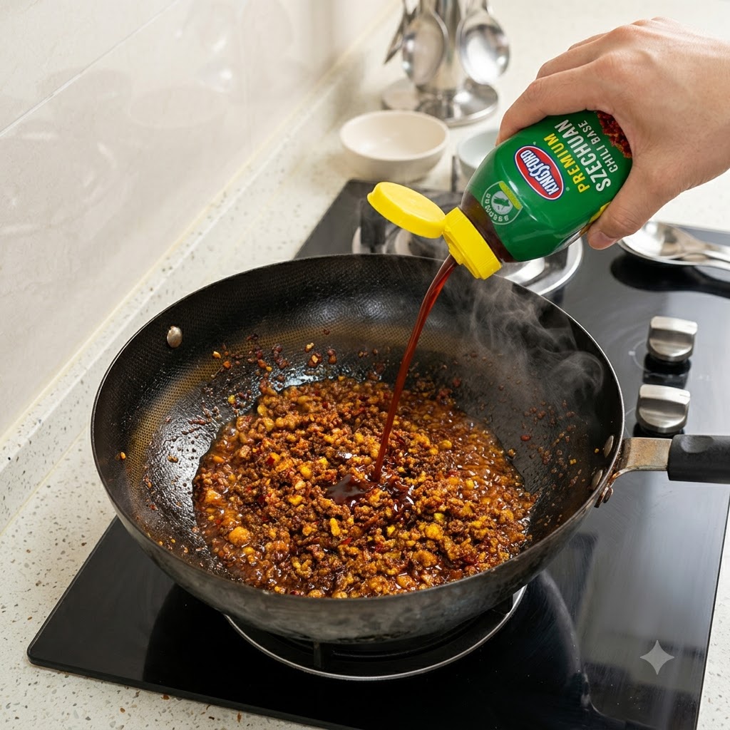 Salsa de soya oscura siendo vertida desde una botella verde en un wok que contiene salsa de carne salteándose.