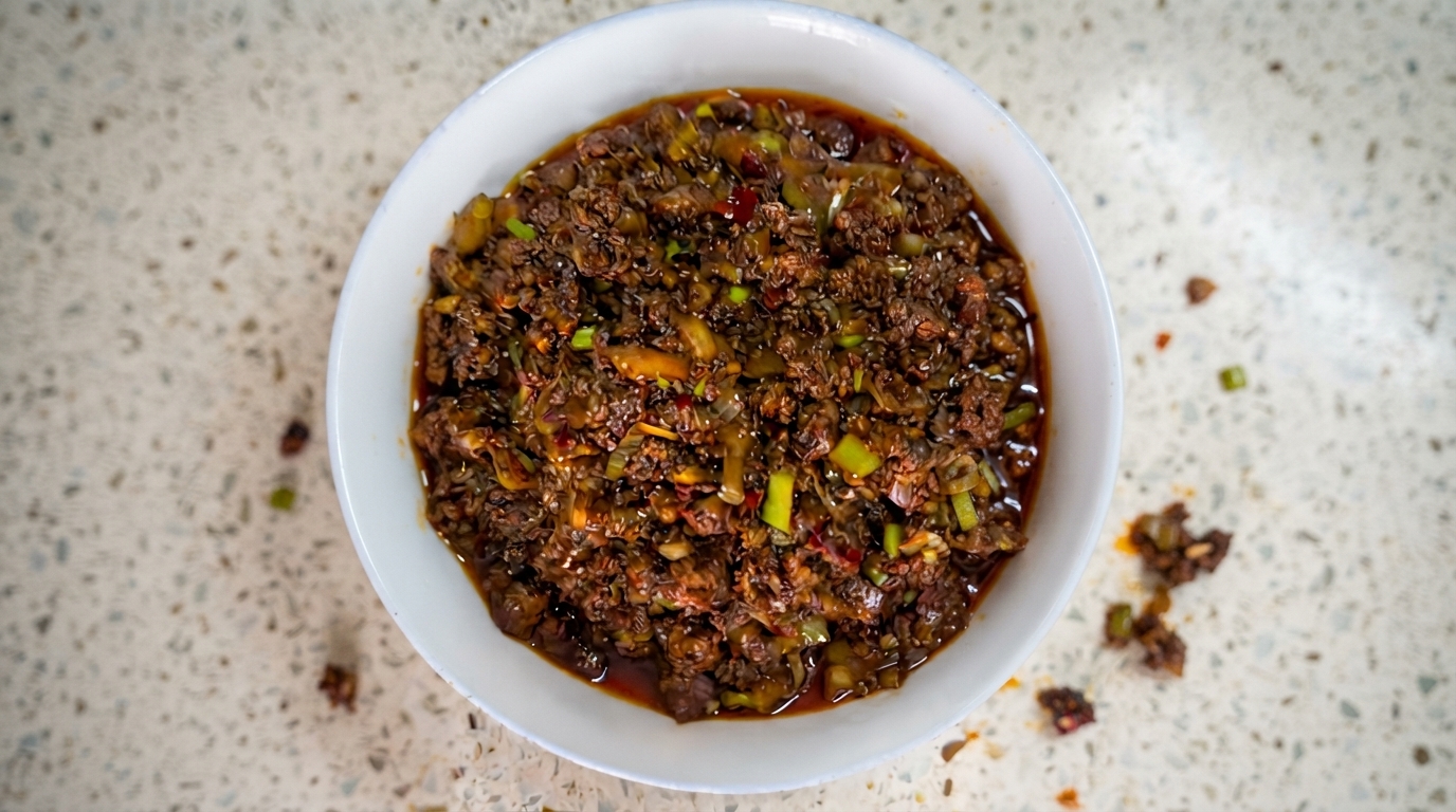 Una salsa de carne marrón oscura y rica, brillante con aceite de chile y decorada con cebollas verdes
