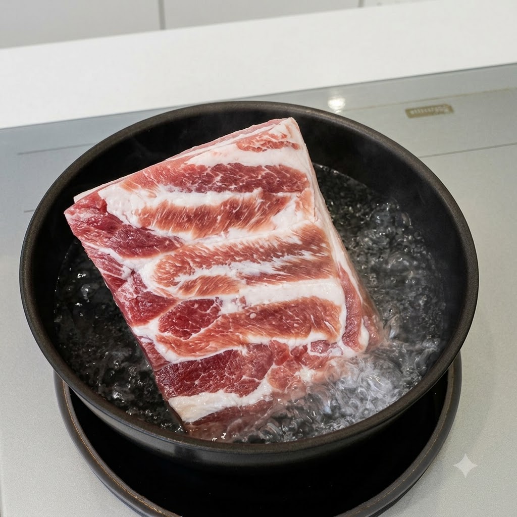 Un trozo cuadrado y crudo de panceta de cerdo hirviendo dentro de una olla negra poco profunda llena de agua burbujeante.