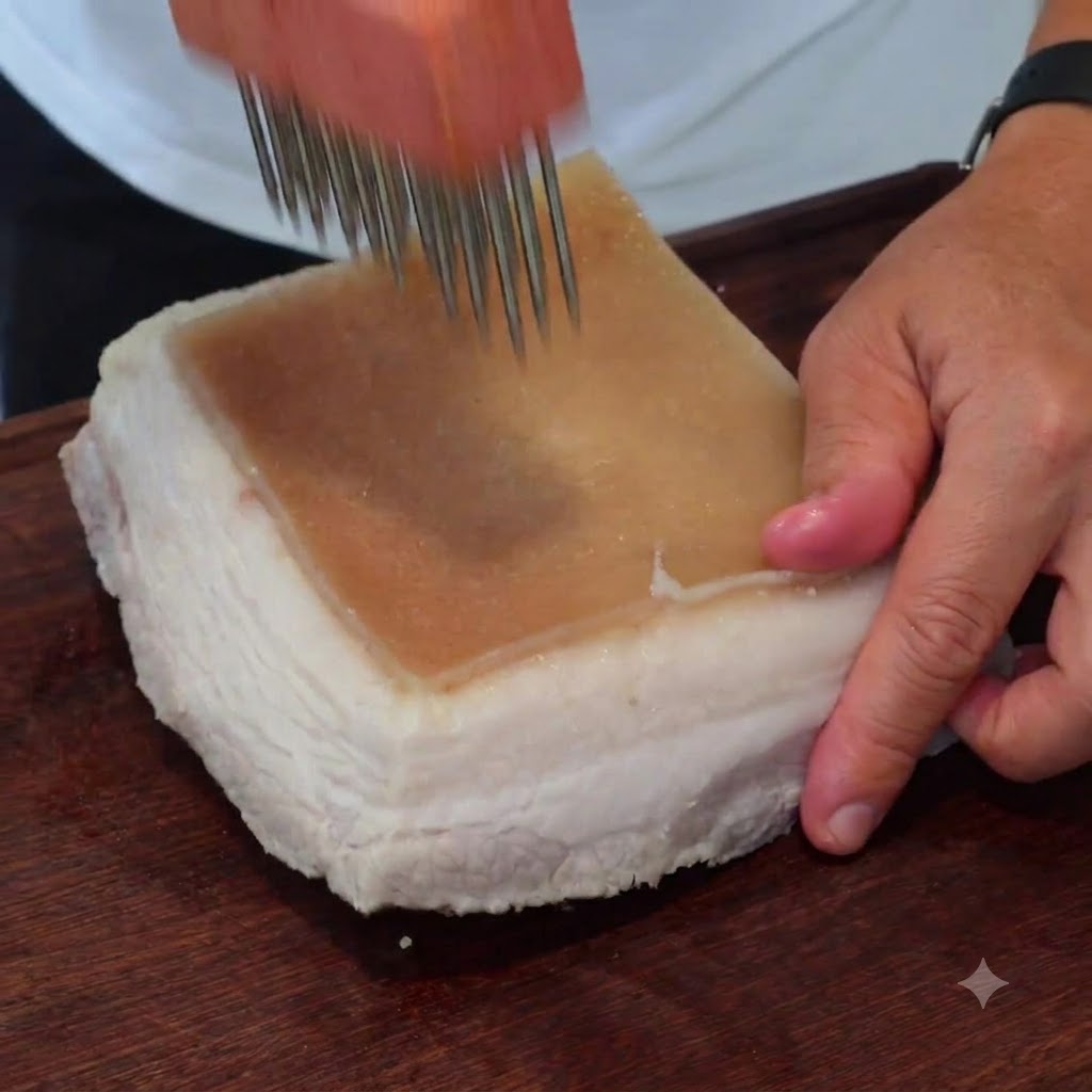 Una persona sosteniendo un perforador de carne con mango de madera, pinchando repetidamente la capa de piel dura de un bloque de panceta de cerdo.