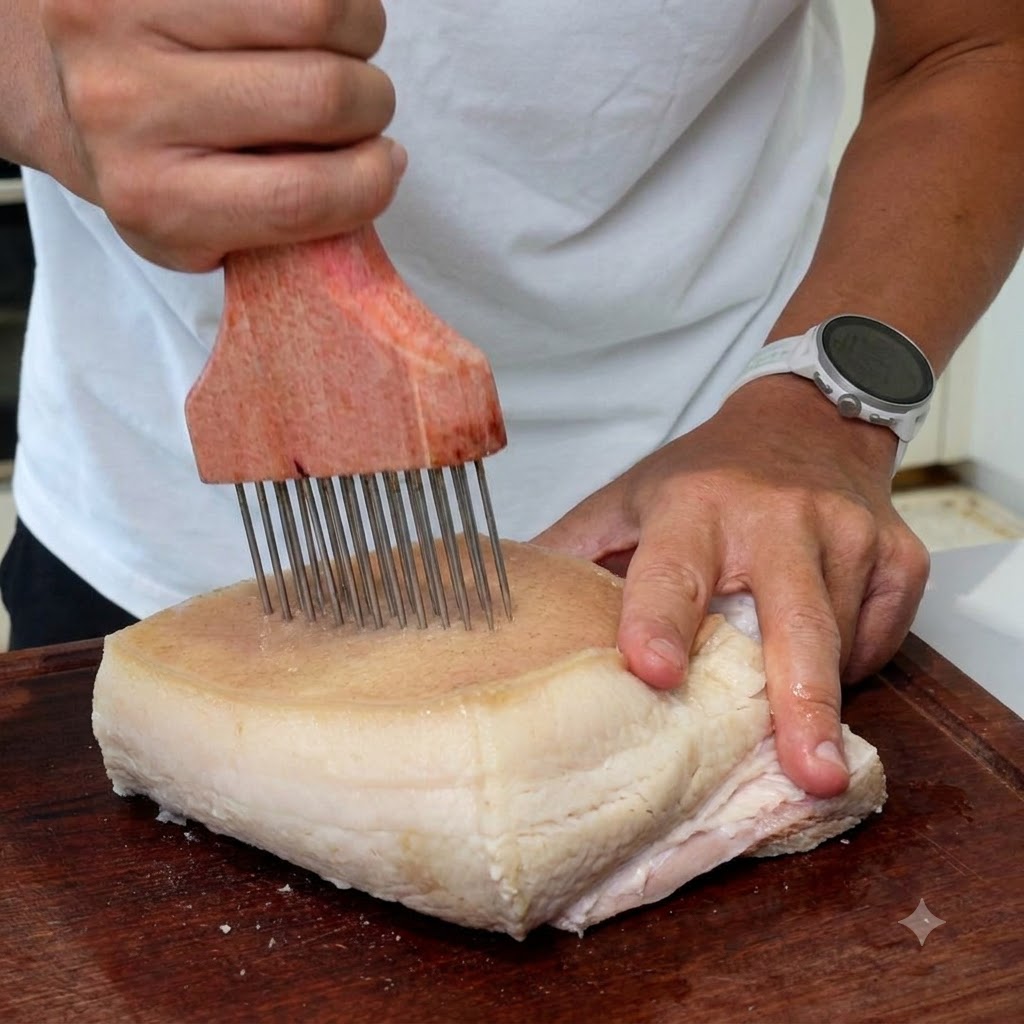 Manos sosteniendo una herramienta para perforar carne sobre un bloque de panceta de cerdo colocado boca arriba en una superficie de madera.