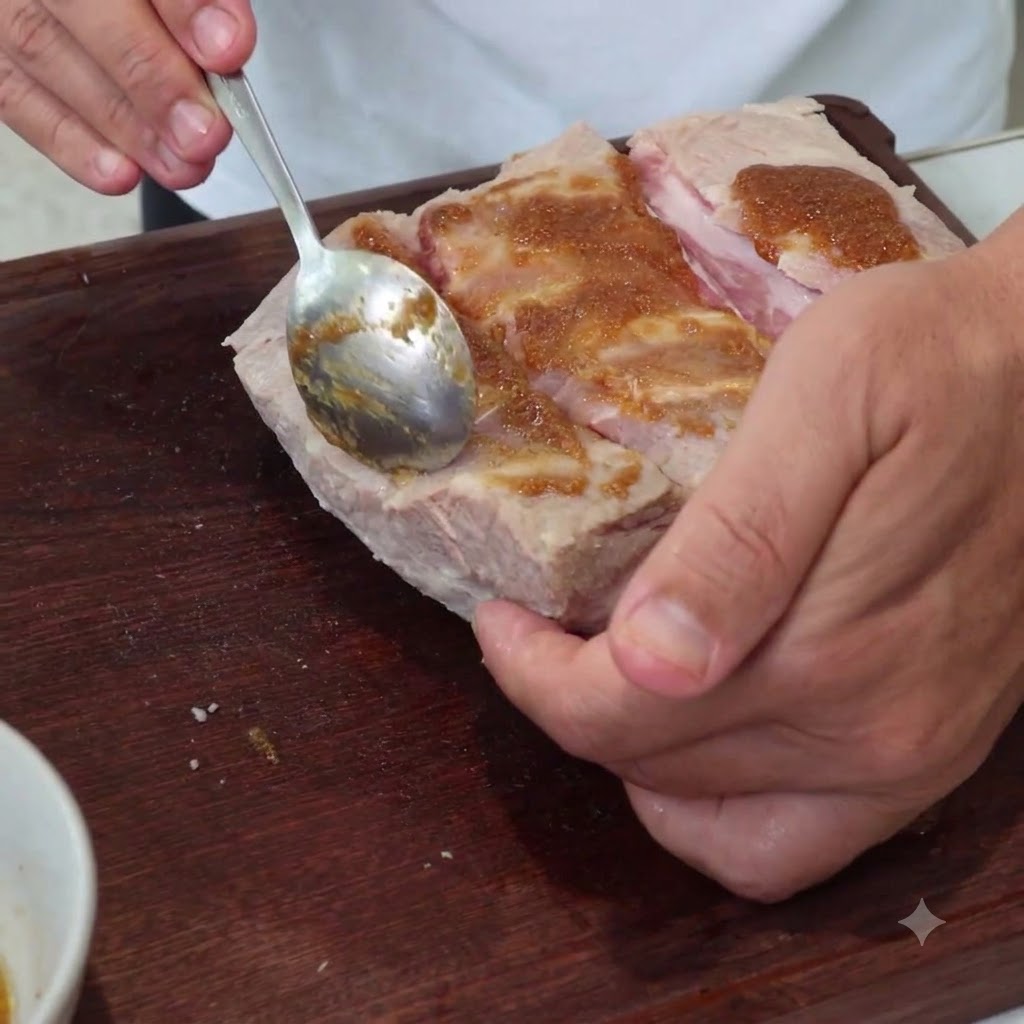 Una cuchara esparciendo pasta de condimento marrón sobre la superficie cortada de un trozo de panceta de cerdo.