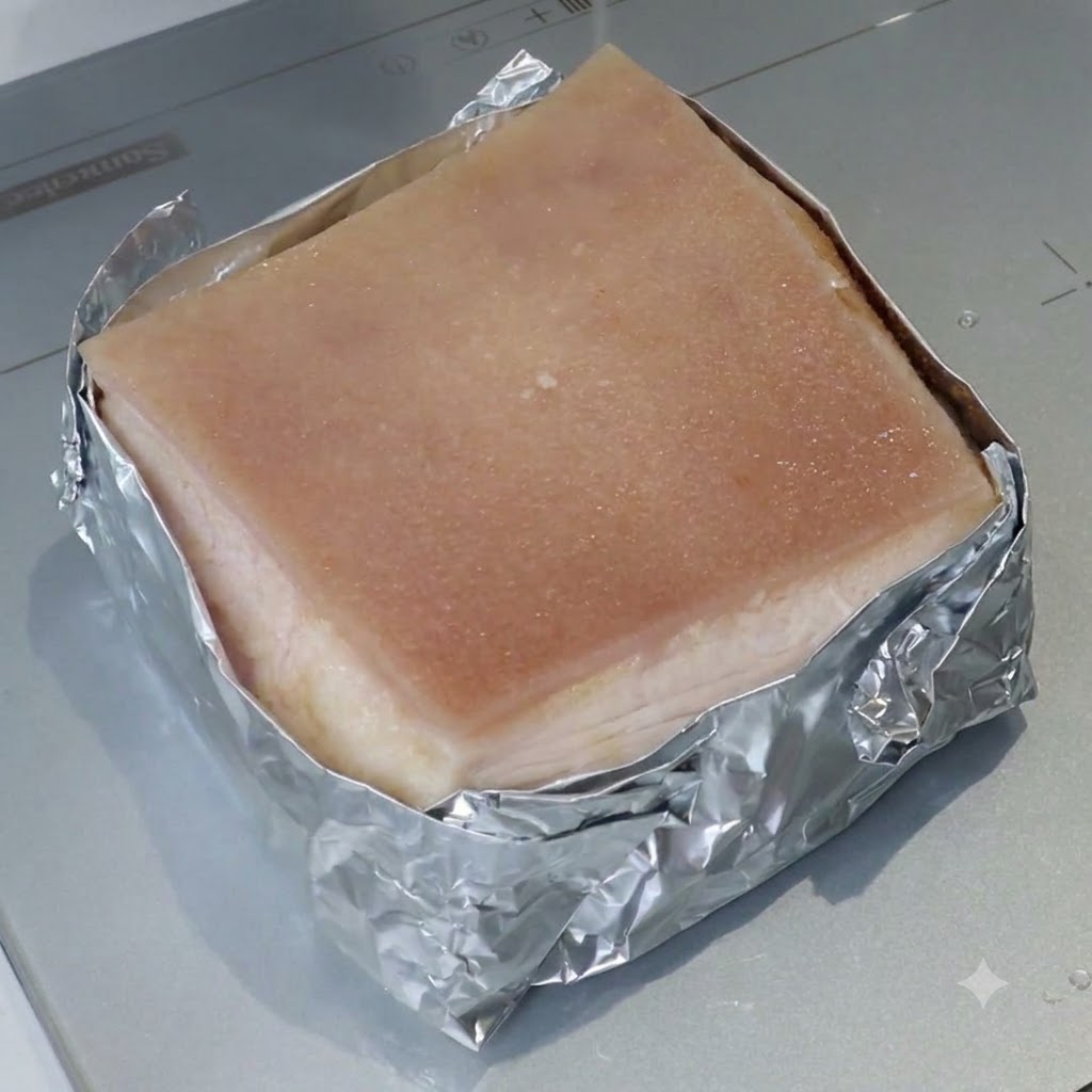 Un bloque cuadrado de panceta de cerdo envuelto en papel aluminio con su piel superior untada con una mezcla líquida.