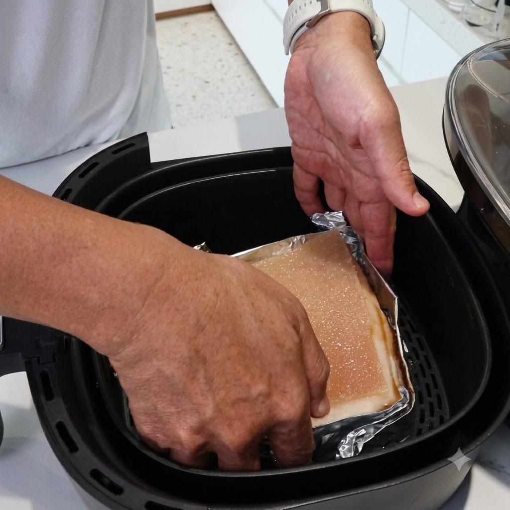 Manos colocando un bloque de panceta de cerdo envuelto en papel aluminio dentro de la cesta de una freidora de aire negra.