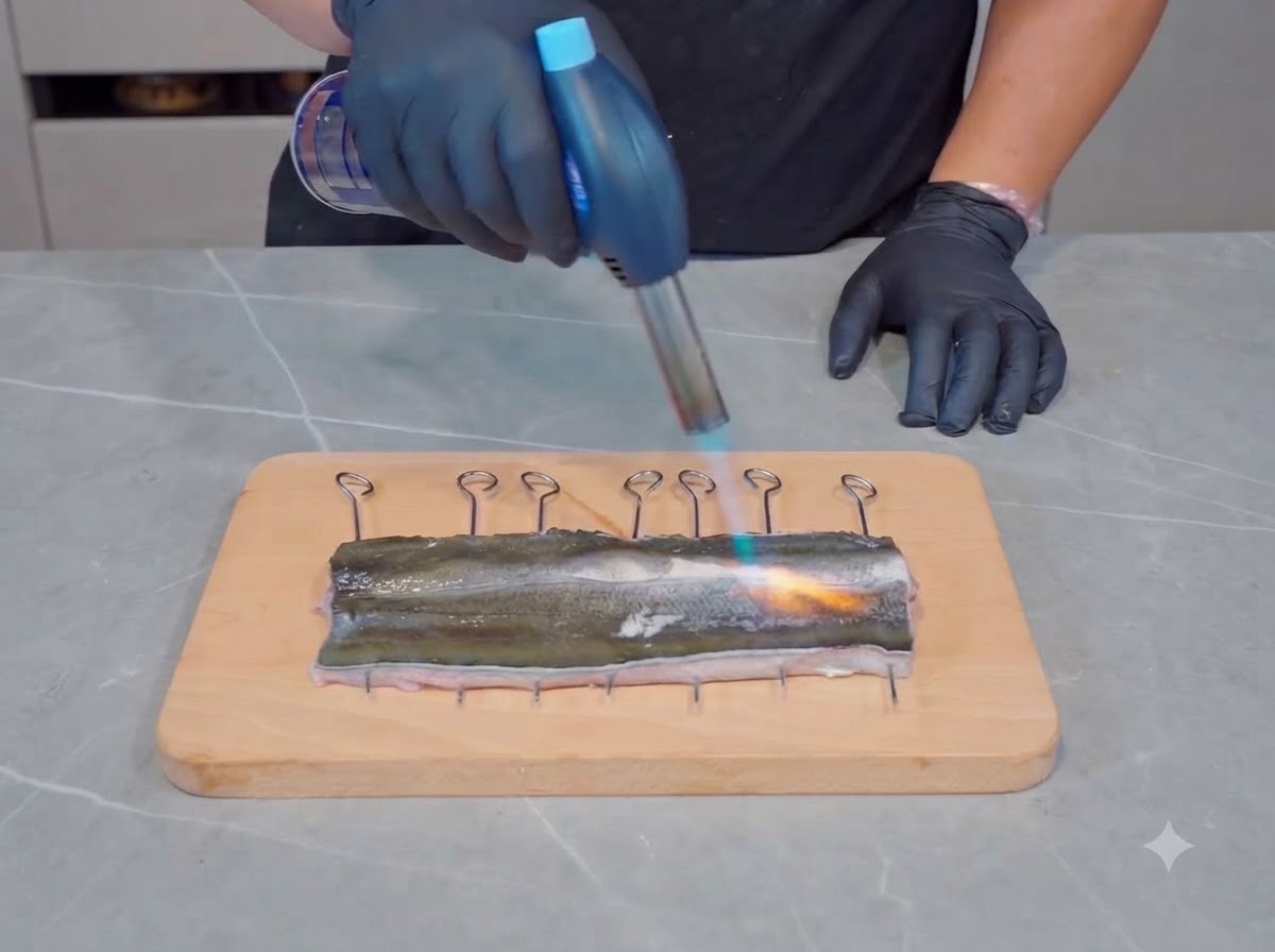 Un soplete de cocina aplicándose sobre la superficie de un filete de anguila limpio en una tabla de cortar de madera.
