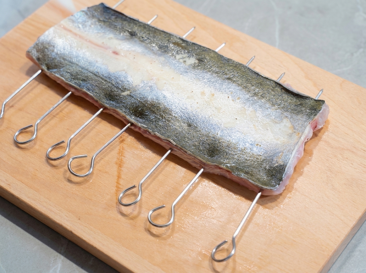 Tijeras recortando las aletas laterales de un filete de anguila preparado en una tabla de cortar de madera.