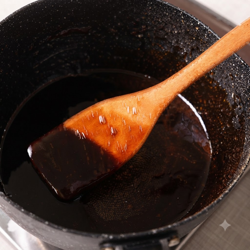 Una espátula de madera removiendo una salsa espesa, oscura y brillante en una olla negra con motas.