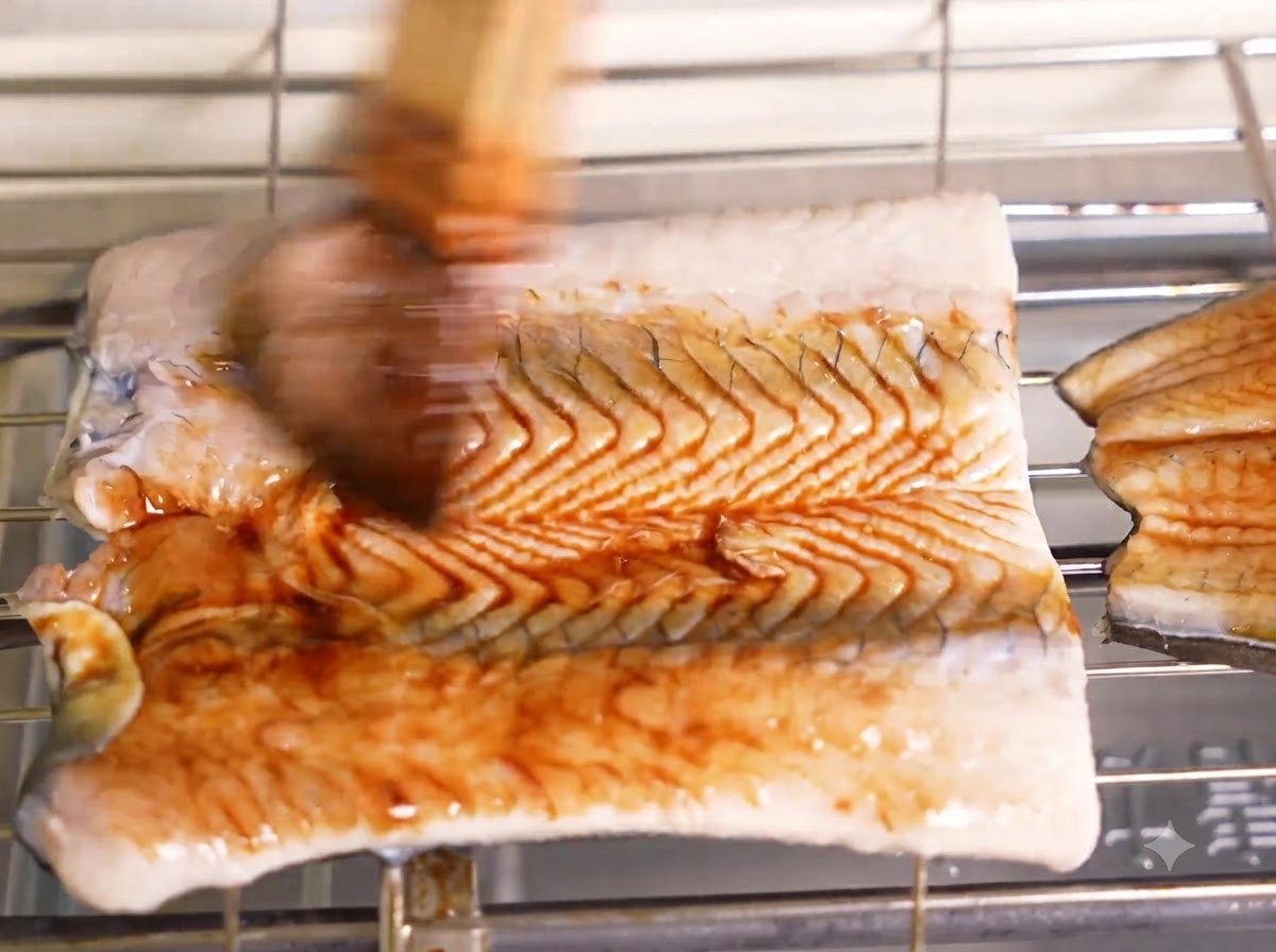 Una brocha de cocina aplicando un glaseado oscuro y brillante sobre un trozo de anguila asándose en una rejilla metálica.