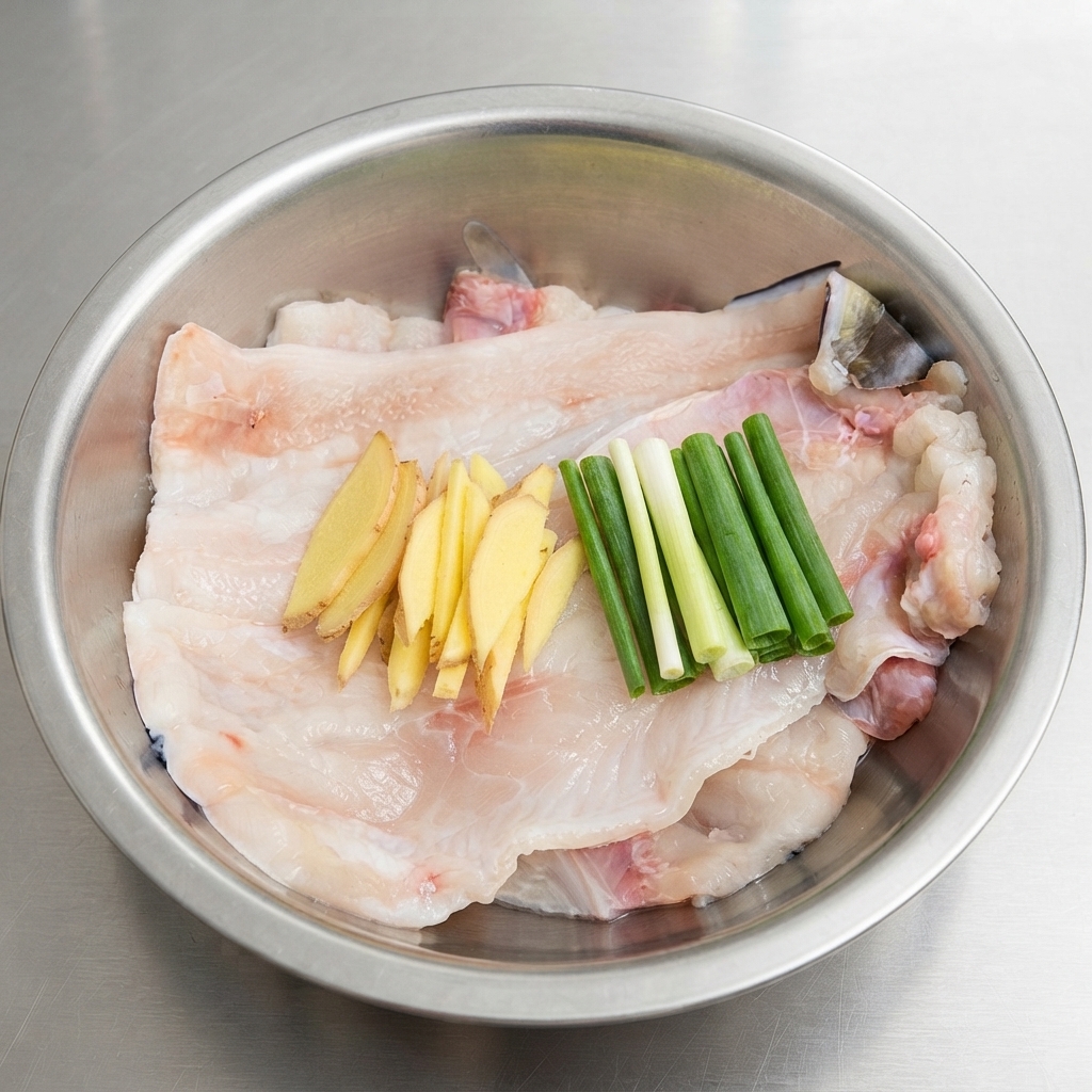 Un tazón de metal que contiene filetes de anguila cruda cubiertos con jengibre fresco en rodajas y trozos de cebollín verde.