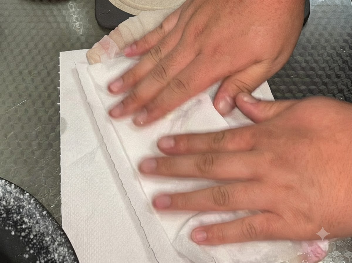 Manos presionando toallas de papel de cocina blancas sobre los filetes de anguila cruda marinados para absorber el exceso de humedad.