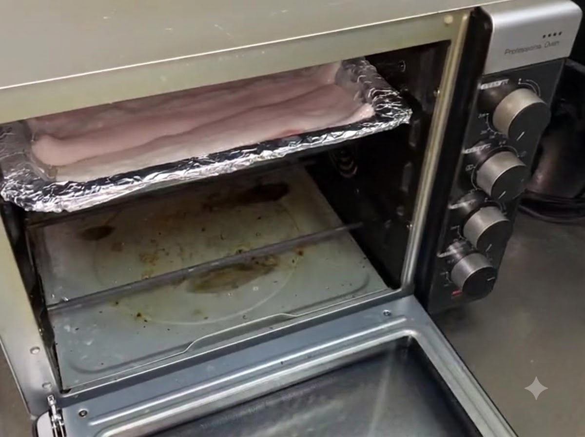 La bandeja de horno con la anguila siendo introducida dentro de un horno doméstico abierto.