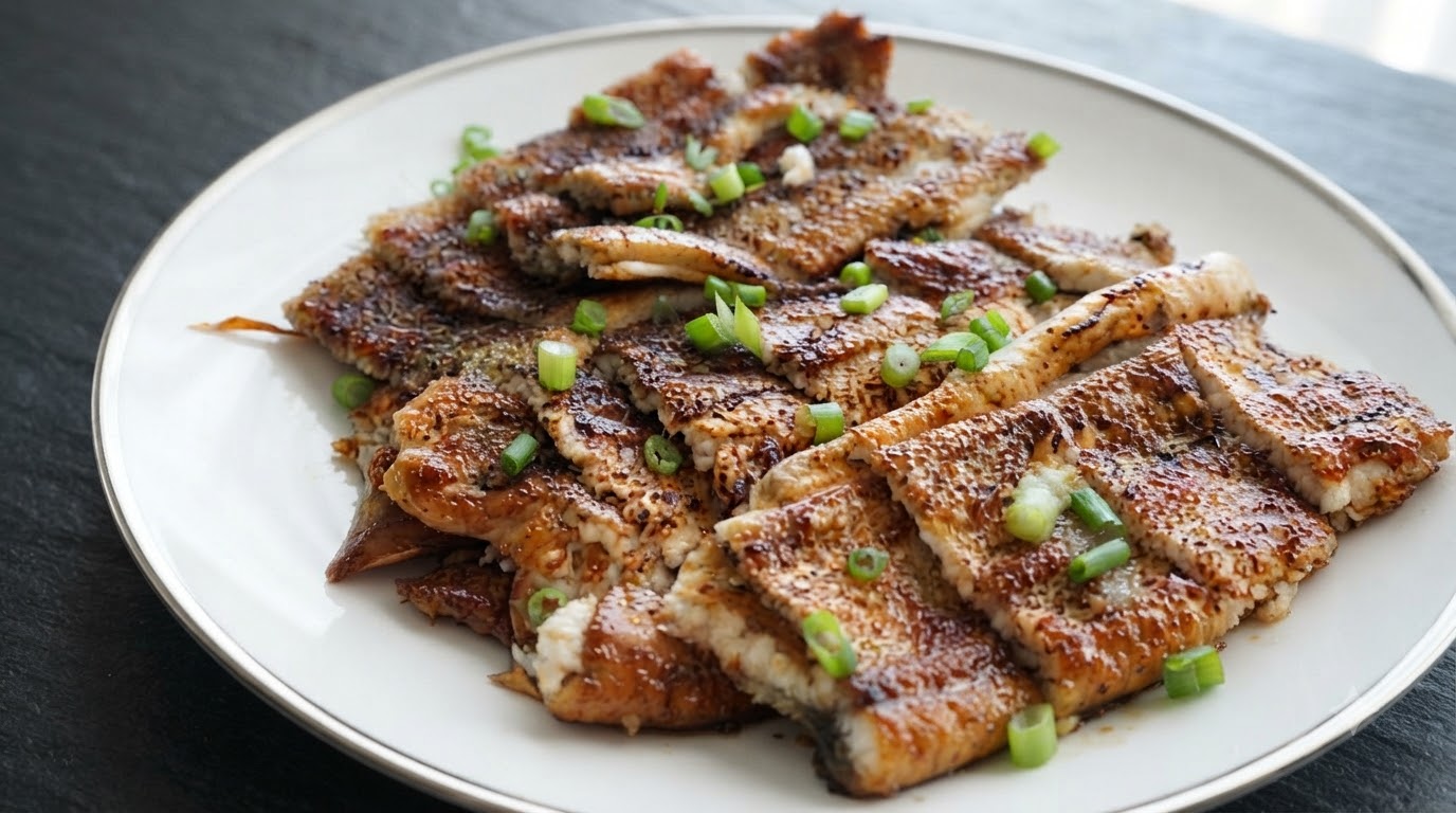Anguila al horno cortada en rodajas y caramelizada, decorada con cebollas verdes frescas en un plato blanco.