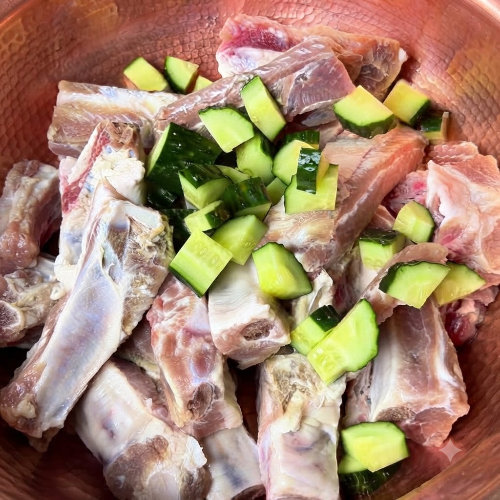Trozos de pepino picado, cebollines verdes, jengibre y hojuelas de chile rojo distribuidos uniformemente sobre las costillas de cerdo dentro de un tazón de cobre.