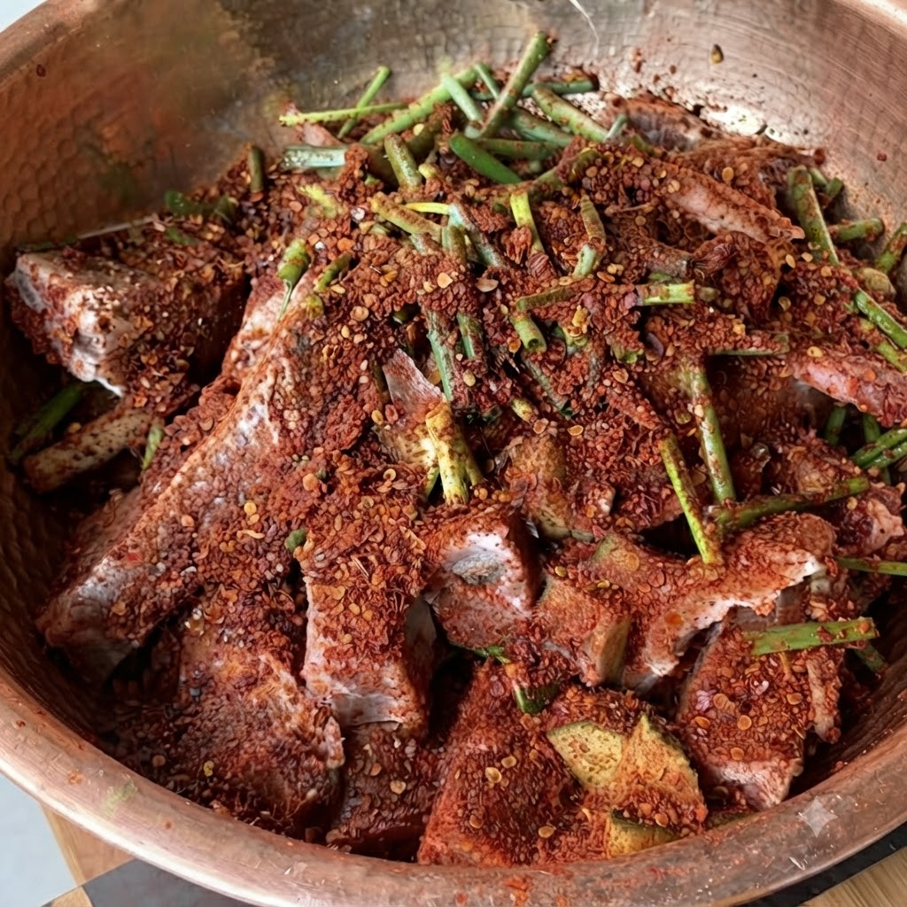 Salsa de ostras oscura siendo agregada a la mezcla de costillas sazonadas.
