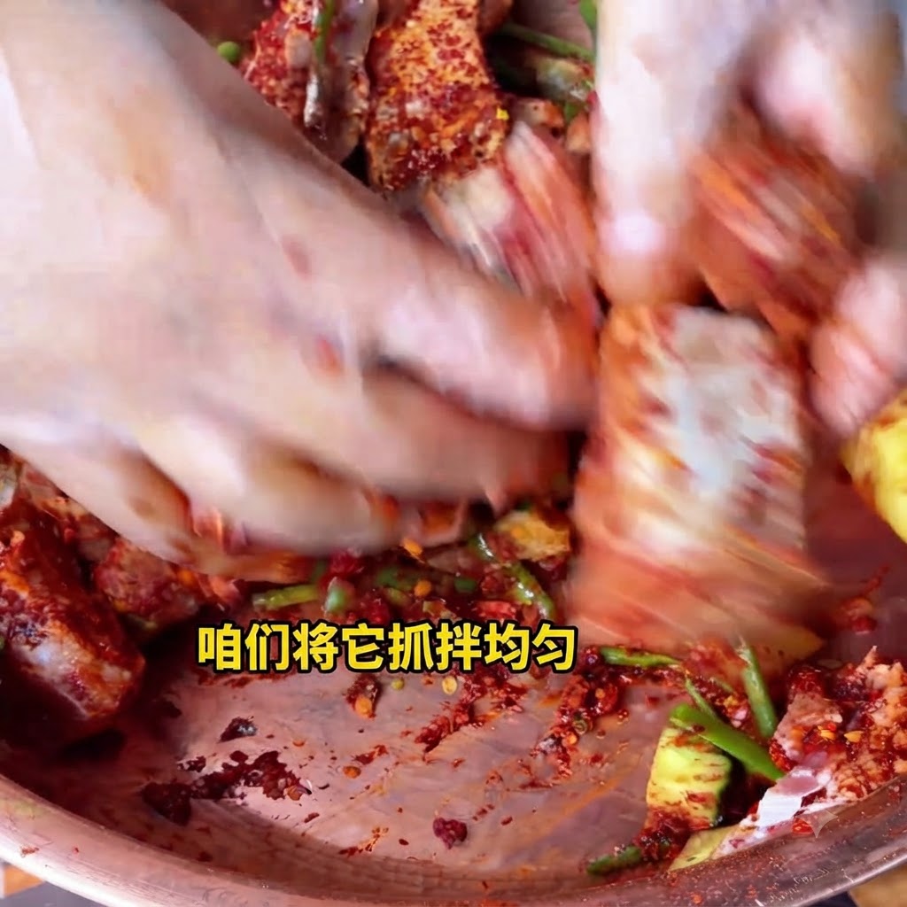 Manos mezclando y masajeando activamente las costillas de cerdo sazonadas dentro de un tazón de cobre.