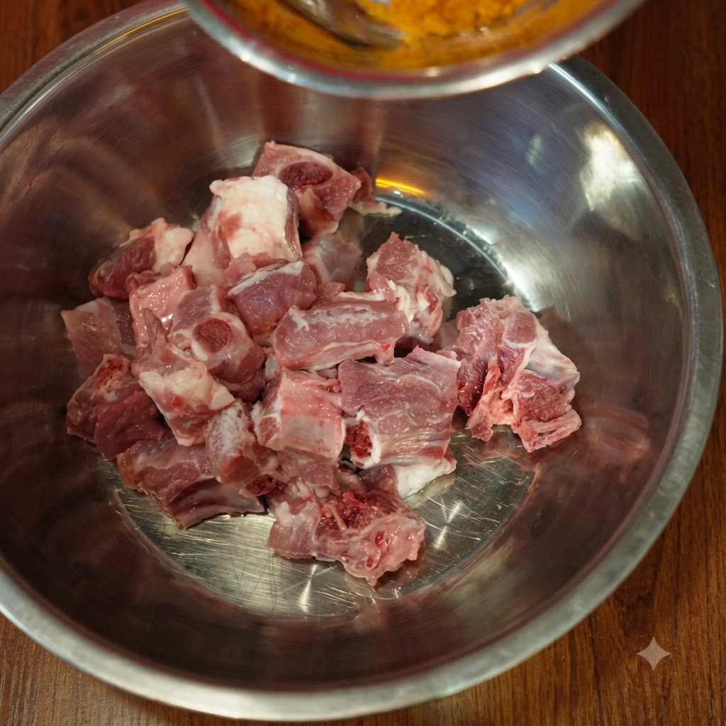 Cúrcuma y especias vertidas desde un tazón pequeño sobre trozos de costilla de cerdo cruda en un bol de mezcla.