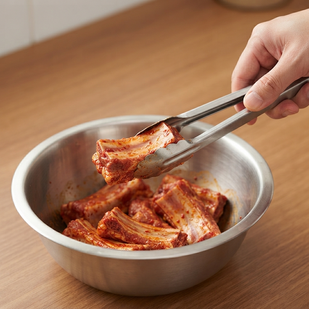 Pinzas metálicas tomando una pieza de costilla de cerdo marinada cerca de un bol lleno de ingredientes para brochetas.